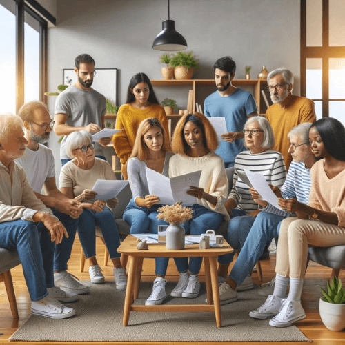 A diverse group of people sitting in a modern living room, reviewing health insurance documents and discussing coverage options.