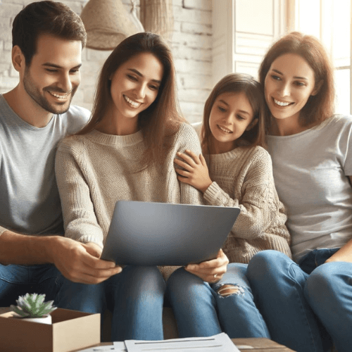 A happy family of four sitting on a couch, with a laptop open, reviewing health insurance options.