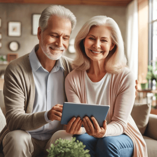 A senior couple in a bright and modern living room, using a tablet to review health insurance plans.