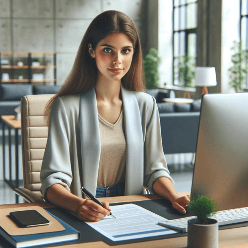 A young professional woman sitting at a desk in a modern office, researching health insurance plans on her computer.
